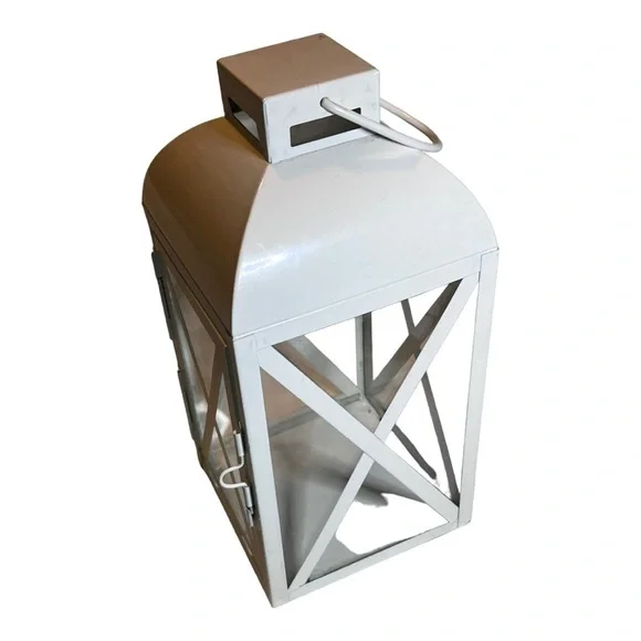 METAL and glass white lantern with handle indoor/outdoor 12” tall holiday decor. - Picture 5 of 9